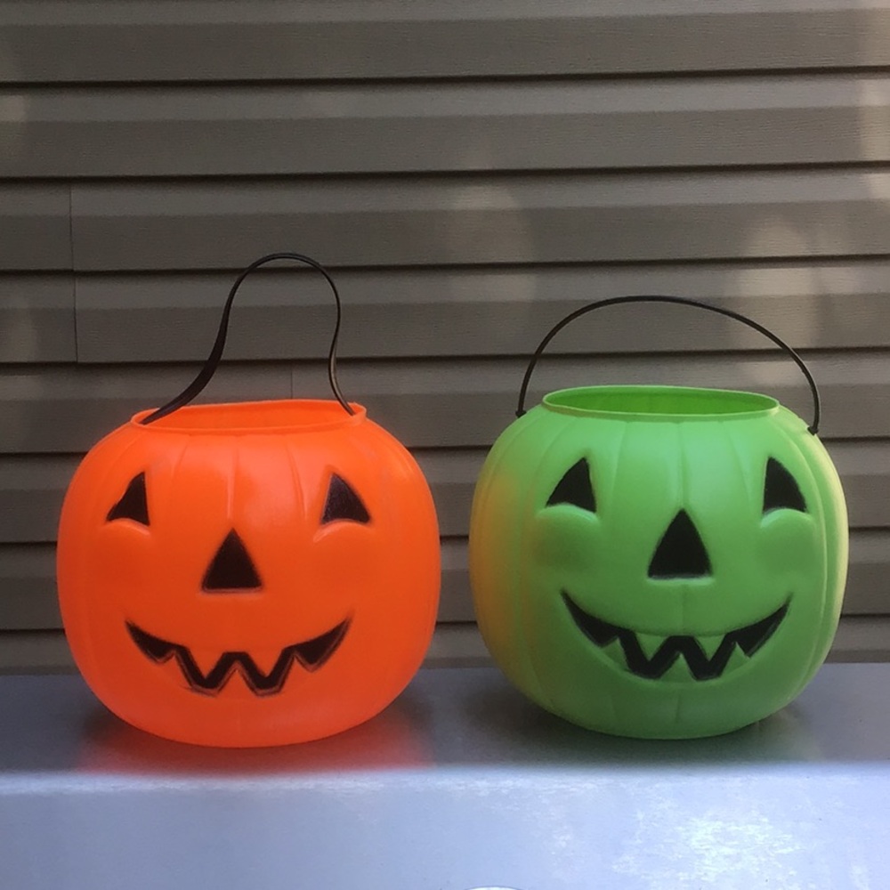 Two Vintage Blow Mold Pumpkin Treat Pails, Empire & General Foam